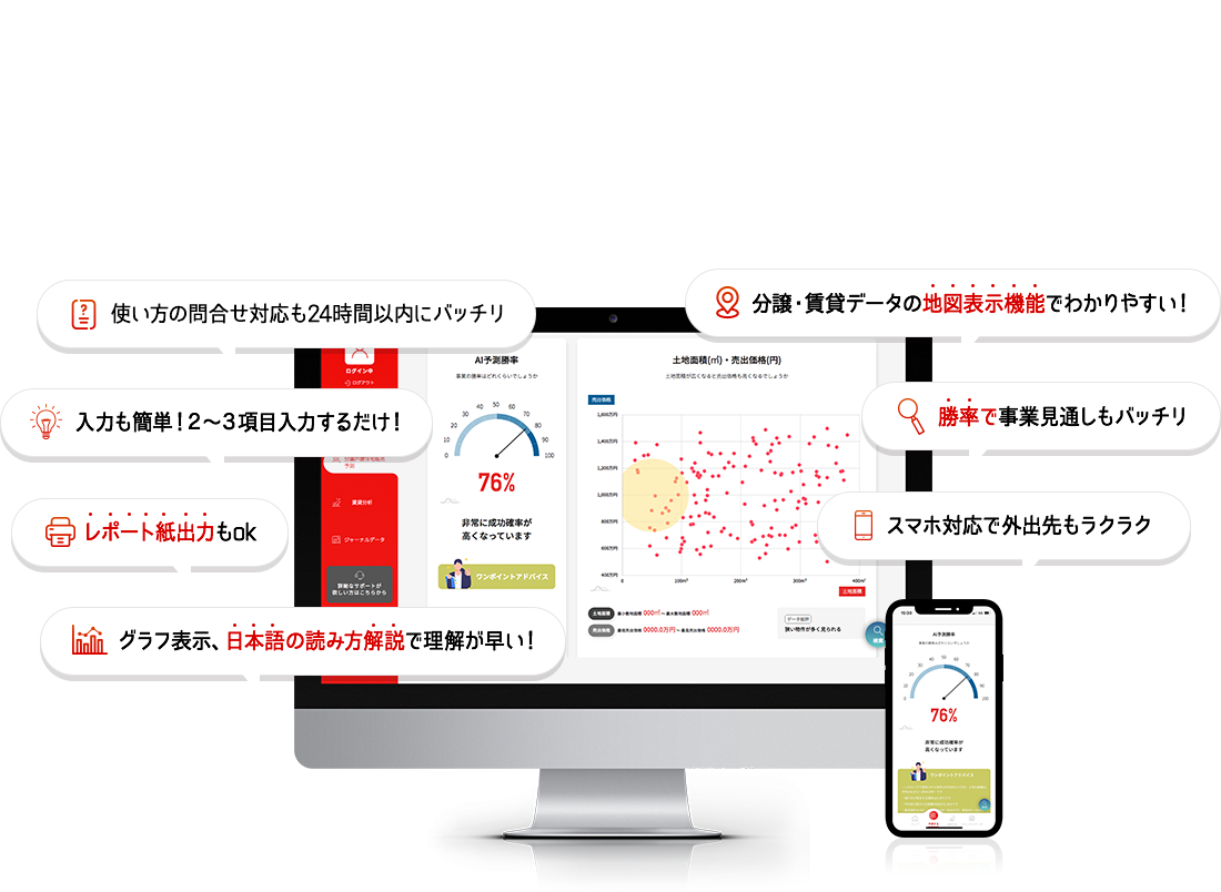 簡単操作でわかりやすい！分譲戸建住宅市場、賃貸住宅（マンション・アパート等）市場をあなたの手元で自由、簡単に調べませんか？使い方の問合せ対応も24時間以内にバッチリ。分譲・賃貸データの地図表示機能でわかりやすい！入力も簡単！２〜３項目入力するだけ！グラフ表示、日本語の読み方解説で理解が早い！スマホ対応で外出先もラクラク。レポート紙出力もok。勝率で事業見通しもバッチリ。